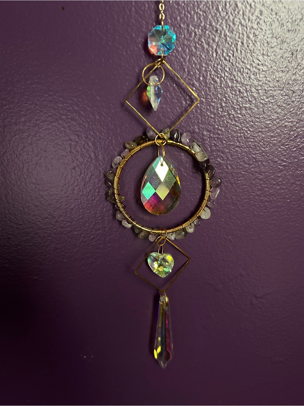 Mystical Iridescent Crystal and Purple Amethyst Drop Hoop Pendant Decor